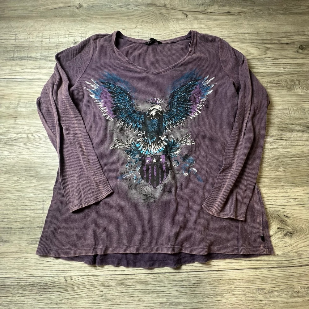 Rock & Republic Thermal Top Womens XL Purple Eagle Graphic Waffle Knit V-Neck